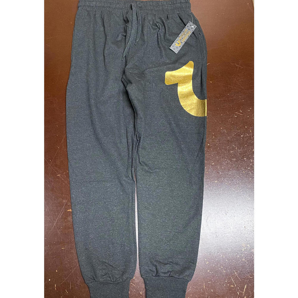 True Religion Mens Gray Gold Sweatpants Lounge Logo Pockets Medium